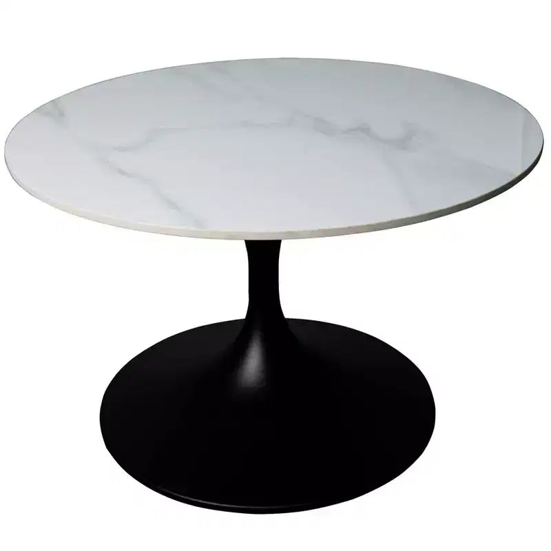 Table basse ronde Verve 27 de LeisureMod - Plateau en pierre frittée et piètement en acier noir moderne, table d'appoint pour salon contemporain