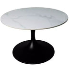 Table basse ronde Verve 27 de LeisureMod - Plateau en pierre frittée et piètement en acier noir moderne, table d'appoint pour salon contemporain