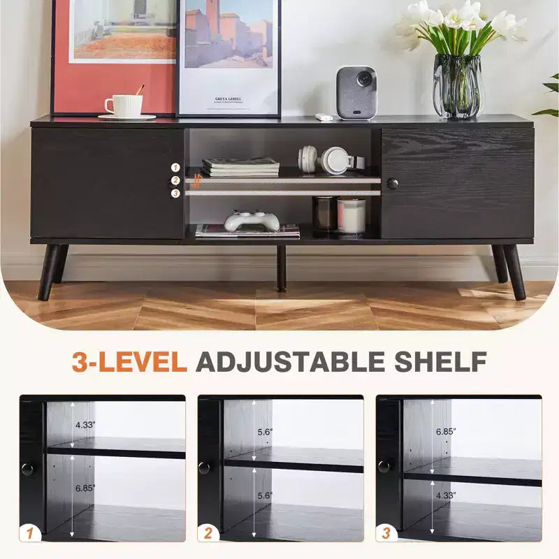 Meuble TV JIONJOY 60 Console multimédia avec rangements et étagères réglables