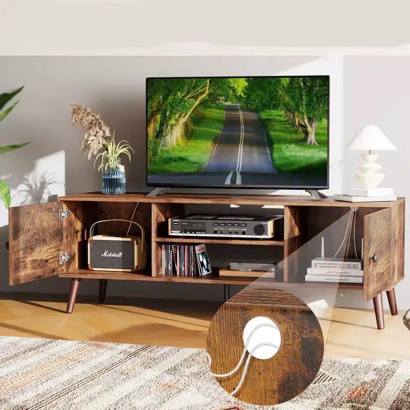 Meuble TV JIONJOY 60 Console multimédia avec rangements et étagères réglables