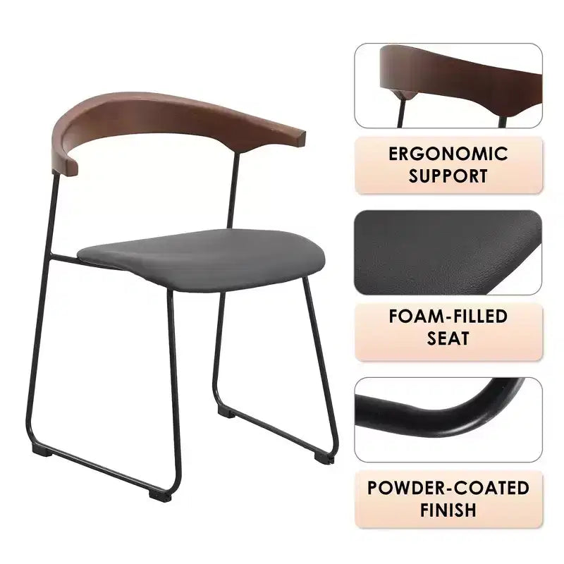 LeisureMod Lyra Series - Lot de 2 chaises de salle à manger modernes rembourrées, assise en cuir avec dossier en hêtre et pieds en fer, pour cuisine moderne, salle à manger, maison, café