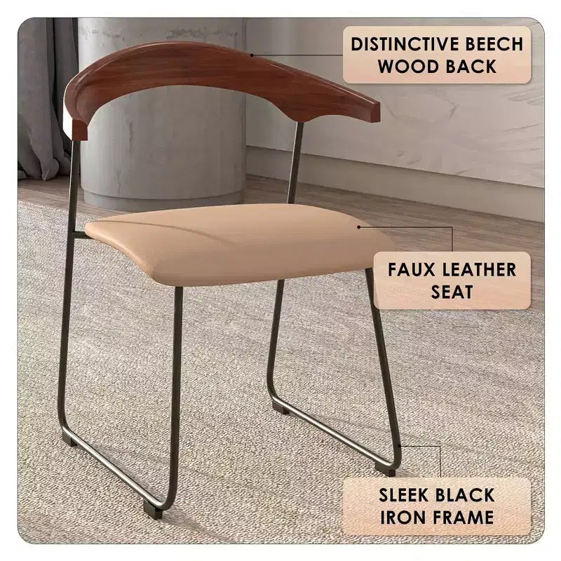 LeisureMod Lyra Series - Lot de 2 chaises de salle à manger modernes rembourrées, assise en cuir avec dossier en hêtre et pieds en fer, pour cuisine moderne, salle à manger, maison, café