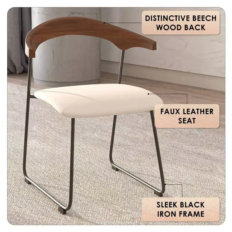 LeisureMod Lyra Series - Lot de 2 chaises de salle à manger modernes rembourrées, assise en cuir avec dossier en hêtre et pieds en fer, pour cuisine moderne, salle à manger, maison, café