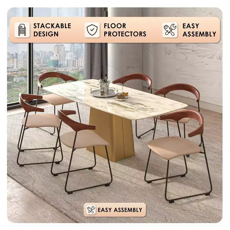 LeisureMod Lyra Series - Lot de 2 chaises de salle à manger modernes rembourrées, assise en cuir avec dossier en hêtre et pieds en fer, pour cuisine moderne, salle à manger, maison, café