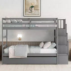 Lits superposés jumeaux sur jumeaux en bois massif, lit superposé triple avec lit gigogne jumeau, escalier de rangement, barrières de sécurité pour enfants et adolescents.