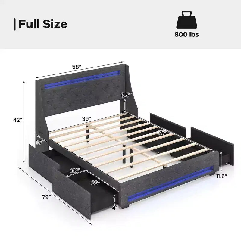 Cadre de lit Costway pour lit double/grand lit avec lumières LED et station de recharge, lit plateforme tapissé