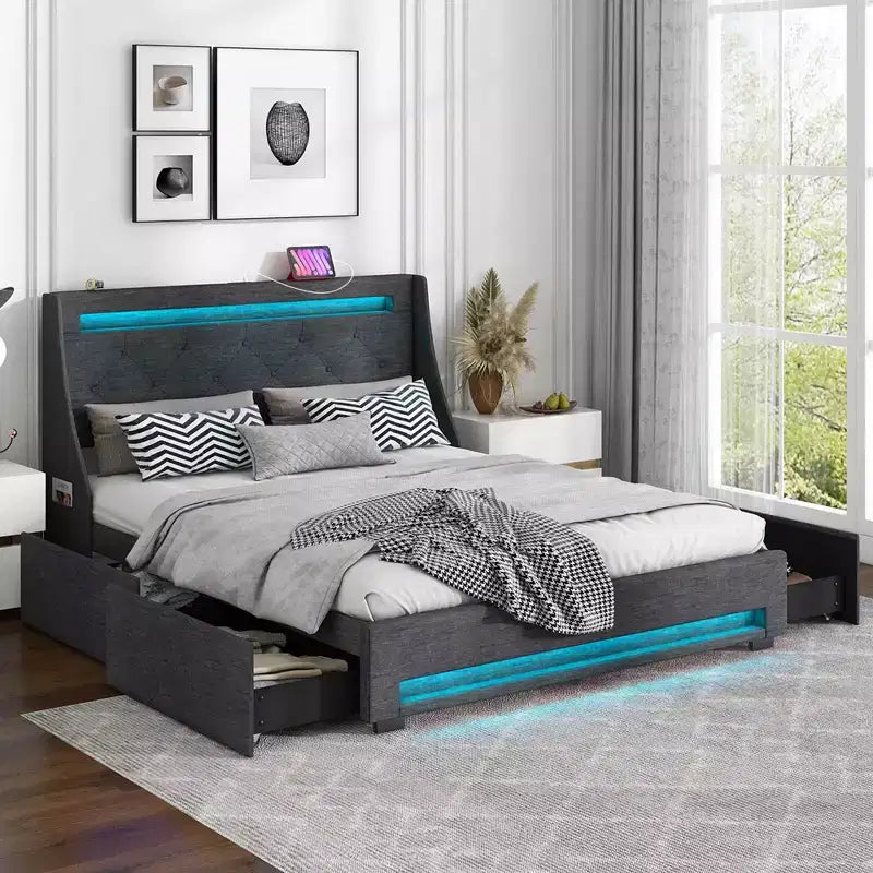 Cadre de lit Costway pour lit double/grand lit avec lumières LED et station de recharge, lit plateforme tapissé
