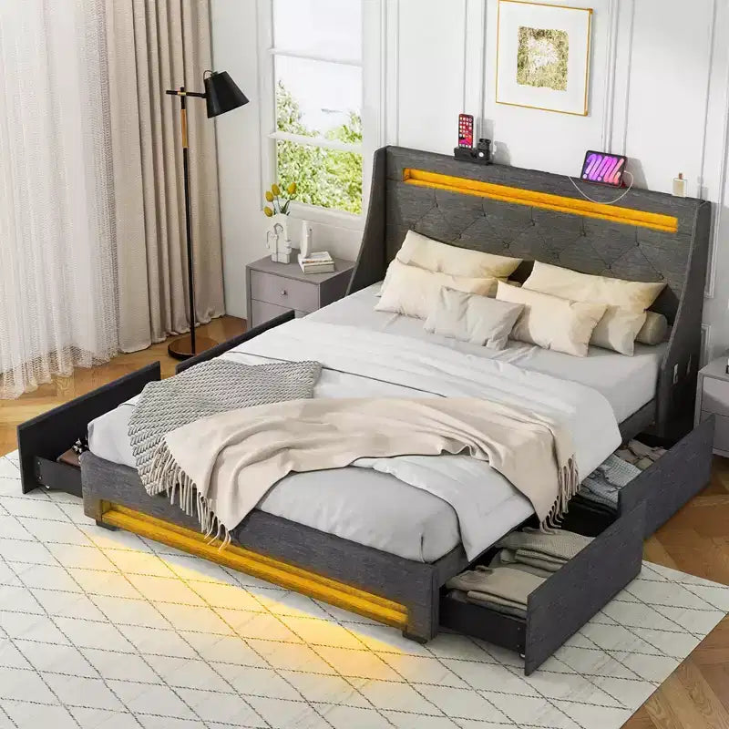 Cadre de lit Costway pour lit double/grand lit avec lumières LED et station de recharge, lit plateforme tapissé
