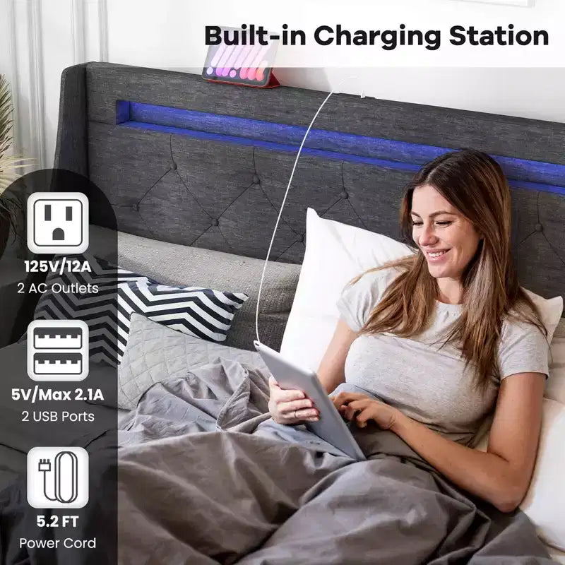 Cadre de lit Costway pour lit double/grand lit avec lumières LED et station de recharge, lit plateforme tapissé
