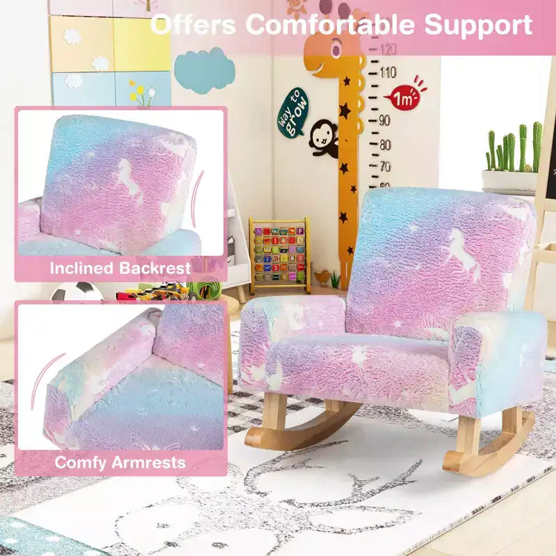 Costway Fauteuil à Bascule pour Enfants Rembourré en Flanelle avec Dossier Confortable Multicolore/Rose