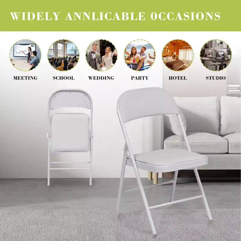 SUGIFT Lot de 4 chaises pliantes avec sièges rembourrés, structure en métal avec assise et dossier en cuir PU, blanc