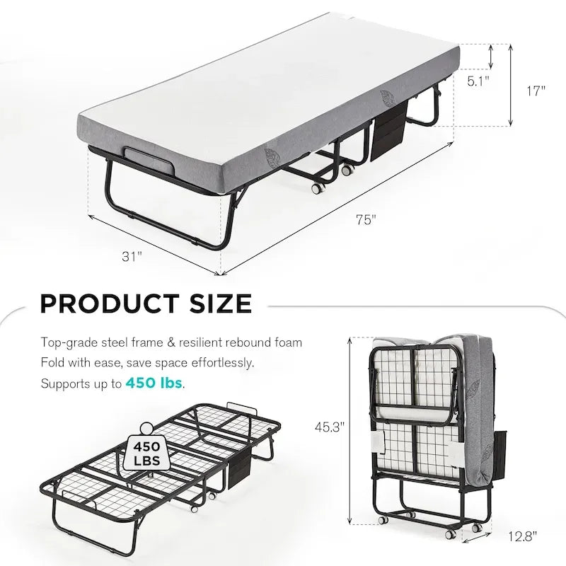 Lit pliant Erommy avec matelas à mémoire de forme : lit d'appoint pliable portable pour adultes avec matelas luxueux à mémoire de forme de 12,7 cm