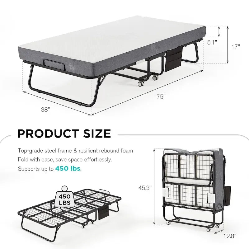 Lit pliant Erommy avec matelas à mémoire de forme : lit d'appoint pliable portable pour adultes avec matelas luxueux à mémoire de forme de 12,7 cm