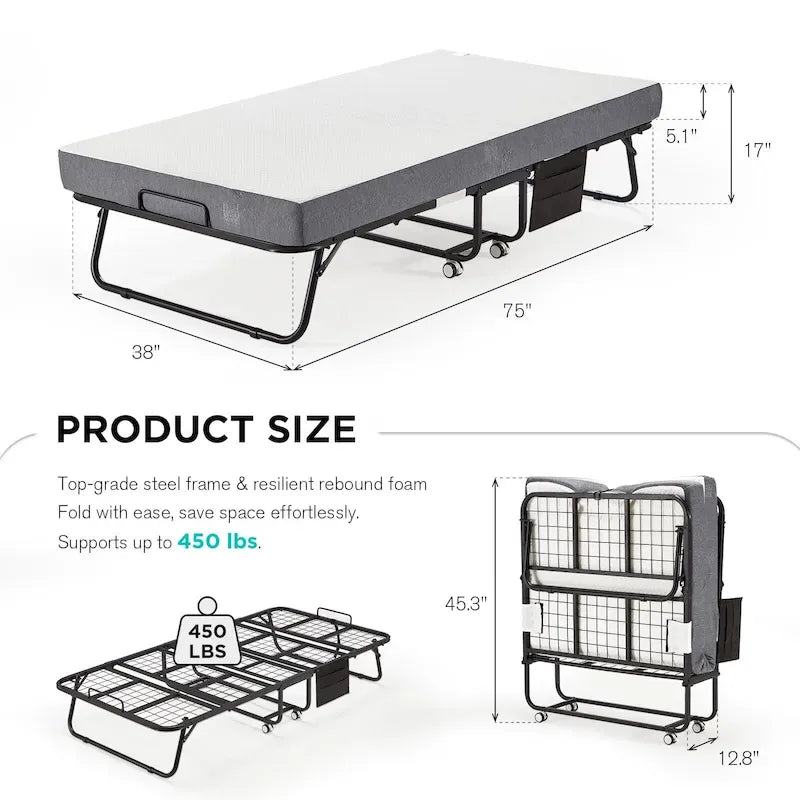Lit pliant Erommy avec matelas à mémoire de forme : lit d'appoint pliable portable pour adultes avec matelas luxueux à mémoire de forme de 12,7 cm
