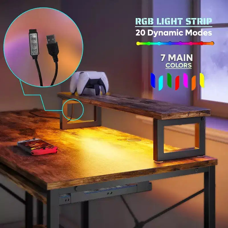 Bestier Bureau de Jeu en L de 60 Pouces avec Supports d'Écran et Plateau de Clavier, Longue Table pour 2 Personnes avec Étagères, Poste de Travail d'Angle RVB pour PC Gamer