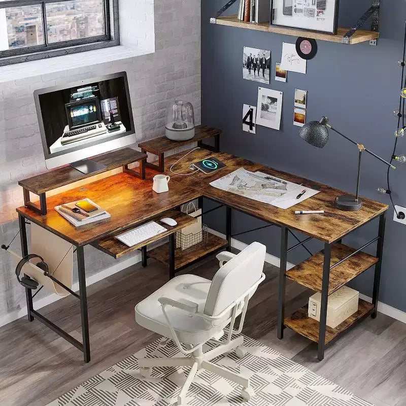 Bestier Bureau de Jeu en L de 60 Pouces avec Supports d'Écran et Plateau de Clavier, Longue Table pour 2 Personnes avec Étagères, Poste de Travail d'Angle RVB pour PC Gamer