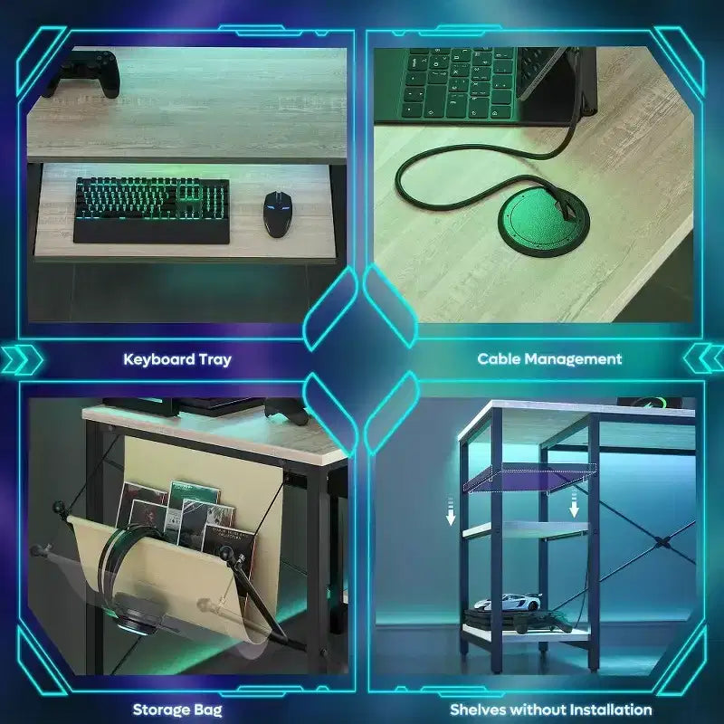Bestier Bureau de Jeu en L de 60 Pouces avec Supports d'Écran et Plateau de Clavier, Longue Table pour 2 Personnes avec Étagères, Poste de Travail d'Angle RVB pour PC Gamer