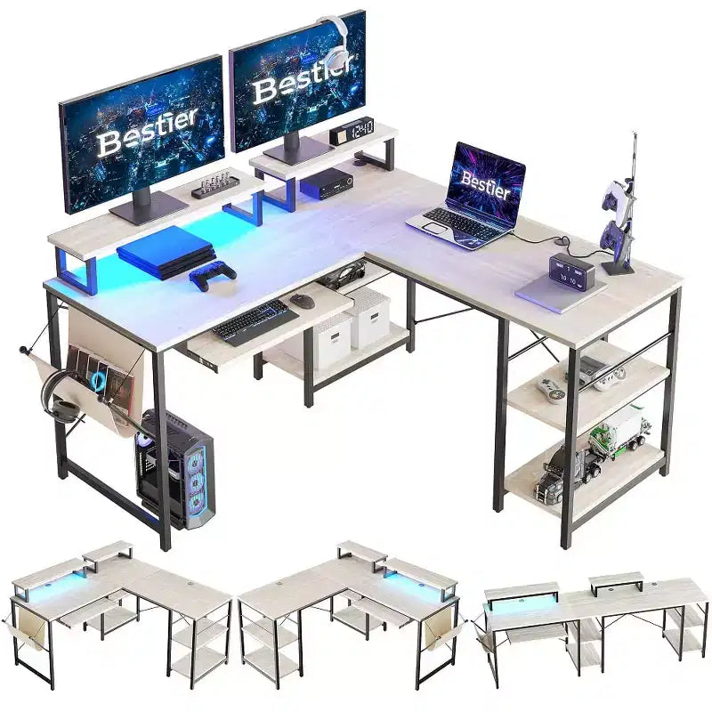 Bestier Bureau de Jeu en L de 60 Pouces avec Supports d'Écran et Plateau de Clavier, Longue Table pour 2 Personnes avec Étagères, Poste de Travail d'Angle RVB pour PC Gamer