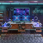 Bestier Bureau de Jeu en L de 60 Pouces avec Supports d'Écran et Plateau de Clavier, Longue Table pour 2 Personnes avec Étagères, Poste de Travail d'Angle RVB pour PC Gamer