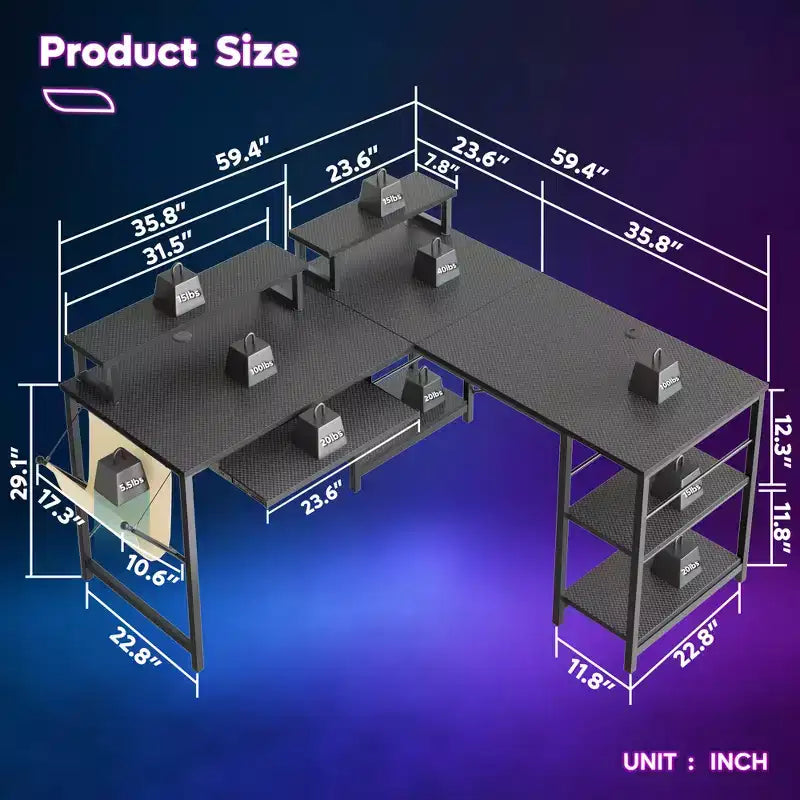 Bestier Bureau de Jeu en L de 60 Pouces avec Supports d'Écran et Plateau de Clavier, Longue Table pour 2 Personnes avec Étagères, Poste de Travail d'Angle RVB pour PC Gamer