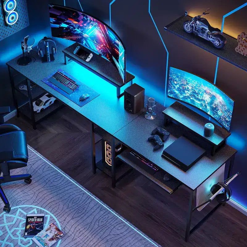 Bestier Bureau de Jeu en L de 60 Pouces avec Supports d'Écran et Plateau de Clavier, Longue Table pour 2 Personnes avec Étagères, Poste de Travail d'Angle RVB pour PC Gamer