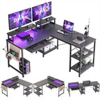 Bestier Bureau de Jeu en L de 60 Pouces avec Supports d'Écran et Plateau de Clavier, Longue Table pour 2 Personnes avec Étagères, Poste de Travail d'Angle RVB pour PC Gamer