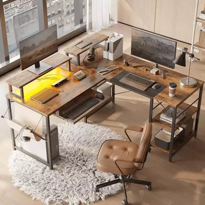 Bestier Bureau de Jeu en L de 60 Pouces avec Supports d'Écran et Plateau de Clavier, Longue Table pour 2 Personnes avec Étagères, Poste de Travail d'Angle RVB pour PC Gamer