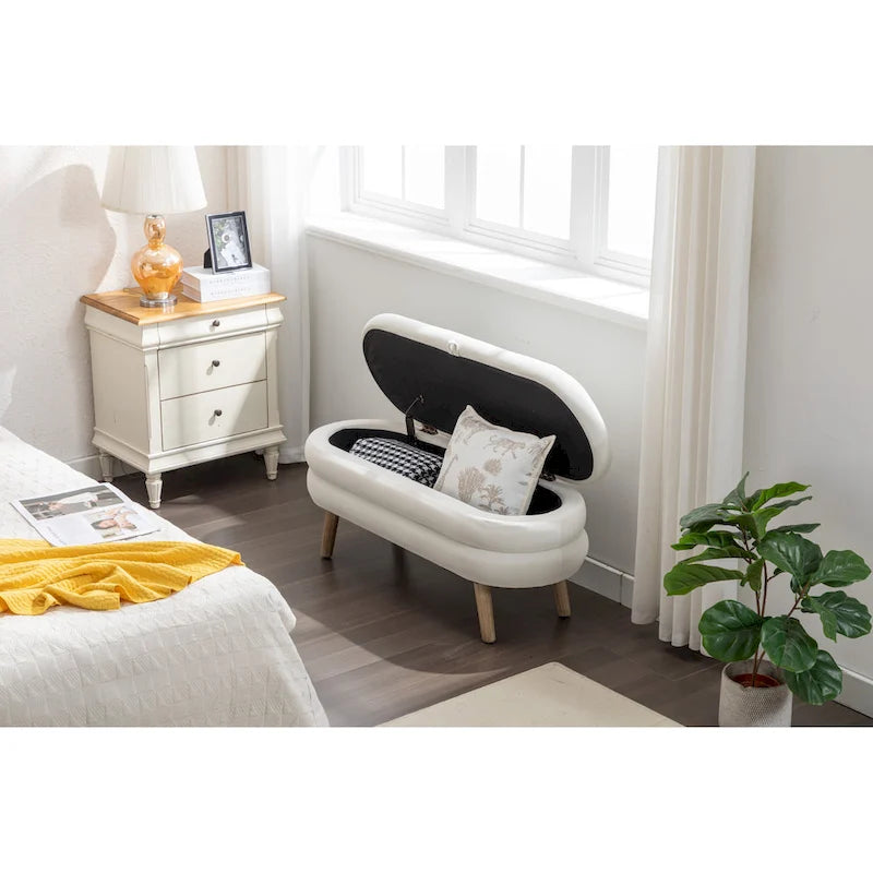 Banc de rangement capitonné avec pieds en bois