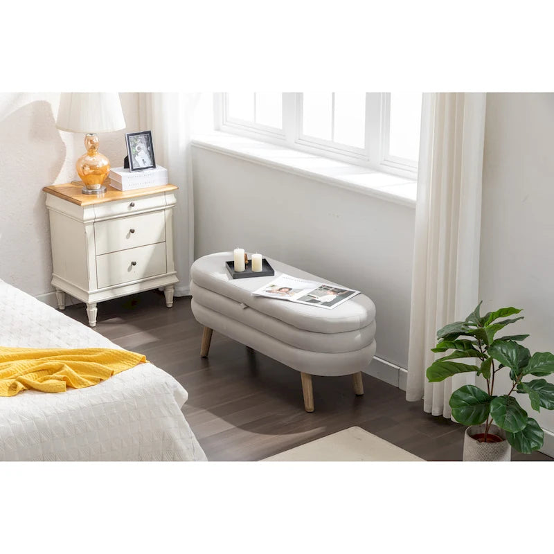 Banc de rangement capitonné avec pieds en bois