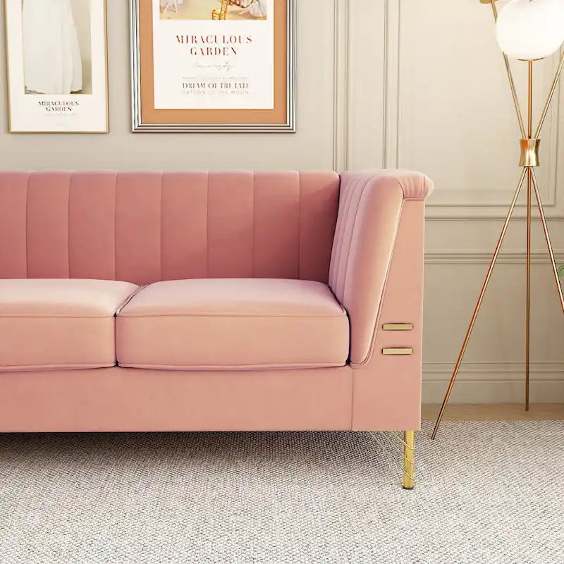 Canapé de salon moderne en velours, canapé 3 places avec pieds en métal doré et canapé rose - 83.46*30.51*31.9