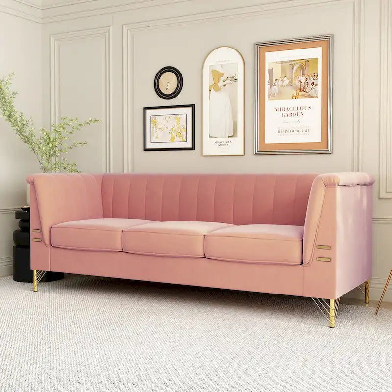 Canapé de salon moderne en velours, canapé 3 places avec pieds en métal doré et canapé rose - 83.46*30.51*31.9