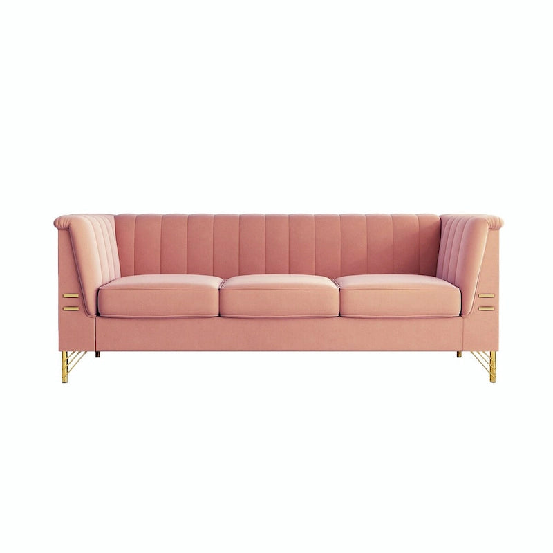 Canapé de salon moderne en velours, canapé 3 places avec pieds en métal doré et canapé rose - 83.46*30.51*31.9