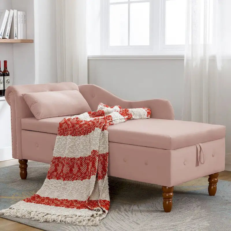 Chaise longue d'intérieur, chaise longue pour chambre avec rangement et oreiller, chaise longue rembourrée moderne à accoudoirs roulés pour le repos