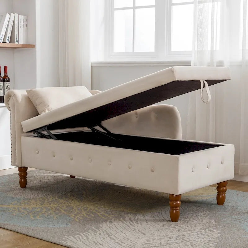 Chaise longue d'intérieur, chaise longue pour chambre avec rangement et oreiller, chaise longue rembourrée moderne à accoudoirs roulés pour le repos