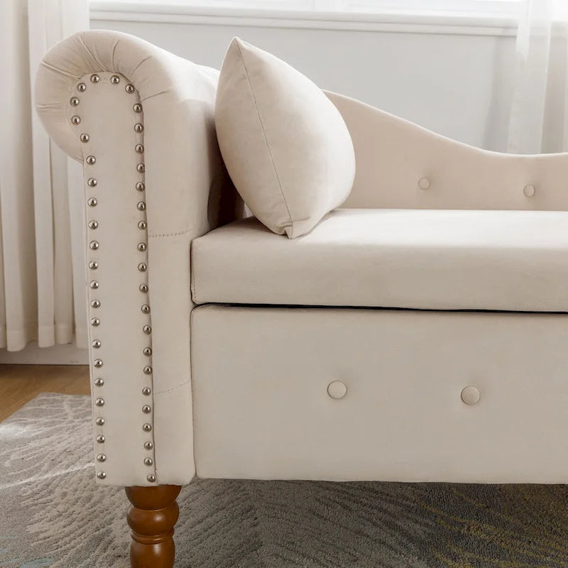 Chaise longue d'intérieur, chaise longue pour chambre avec rangement et oreiller, chaise longue rembourrée moderne à accoudoirs roulés pour le repos