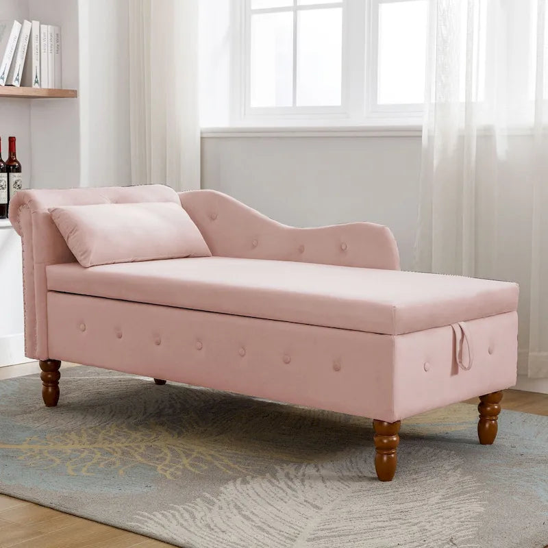 Chaise longue d'intérieur, chaise longue pour chambre avec rangement et oreiller, chaise longue rembourrée moderne à accoudoirs roulés pour le repos