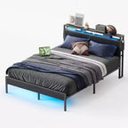 Cadre de lit Bestier Queen avec tête de lit, plateforme à deux lumières LED en métal avec station de recharge et rangement à 2 niveaux, antidérapant, sans bruit
