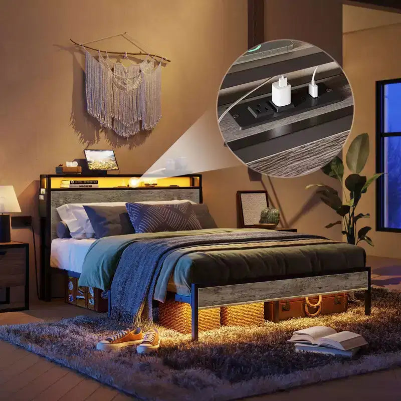 Cadre de lit Bestier Queen avec tête de lit, plateforme à deux lumières LED en métal avec station de recharge et rangement à 2 niveaux, antidérapant, sans bruit