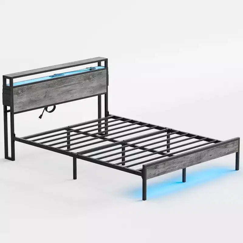 Cadre de lit Bestier Queen avec tête de lit, plateforme à deux lumières LED en métal avec station de recharge et rangement à 2 niveaux, antidérapant, sans bruit