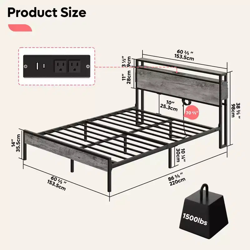 Cadre de lit Bestier Queen avec tête de lit, plateforme à deux lumières LED en métal avec station de recharge et rangement à 2 niveaux, antidérapant, sans bruit
