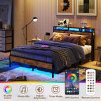 Cadre de lit Bestier Queen avec tête de lit, plateforme à deux lumières LED en métal avec station de recharge et rangement à 2 niveaux, antidérapant, sans bruit