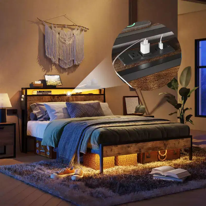 Cadre de lit Bestier Queen avec tête de lit, plateforme à deux lumières LED en métal avec station de recharge et rangement à 2 niveaux, antidérapant, sans bruit