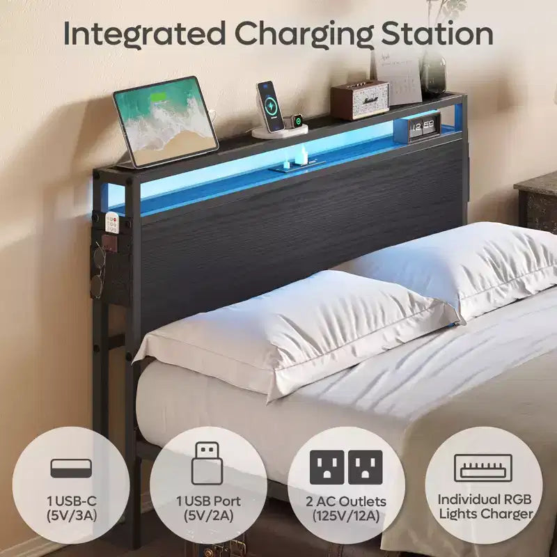 Cadre de lit Bestier Queen avec tête de lit, plateforme à deux lumières LED en métal avec station de recharge et rangement à 2 niveaux, antidérapant, sans bruit