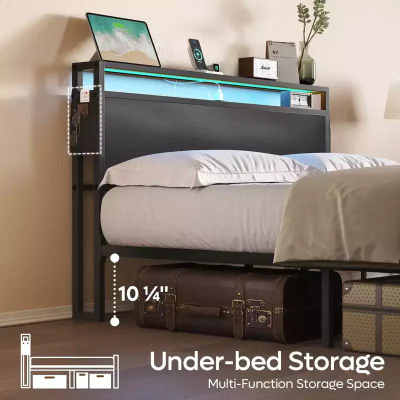 Cadre de lit Bestier Queen avec tête de lit, plateforme à deux lumières LED en métal avec station de recharge et rangement à 2 niveaux, antidérapant, sans bruit