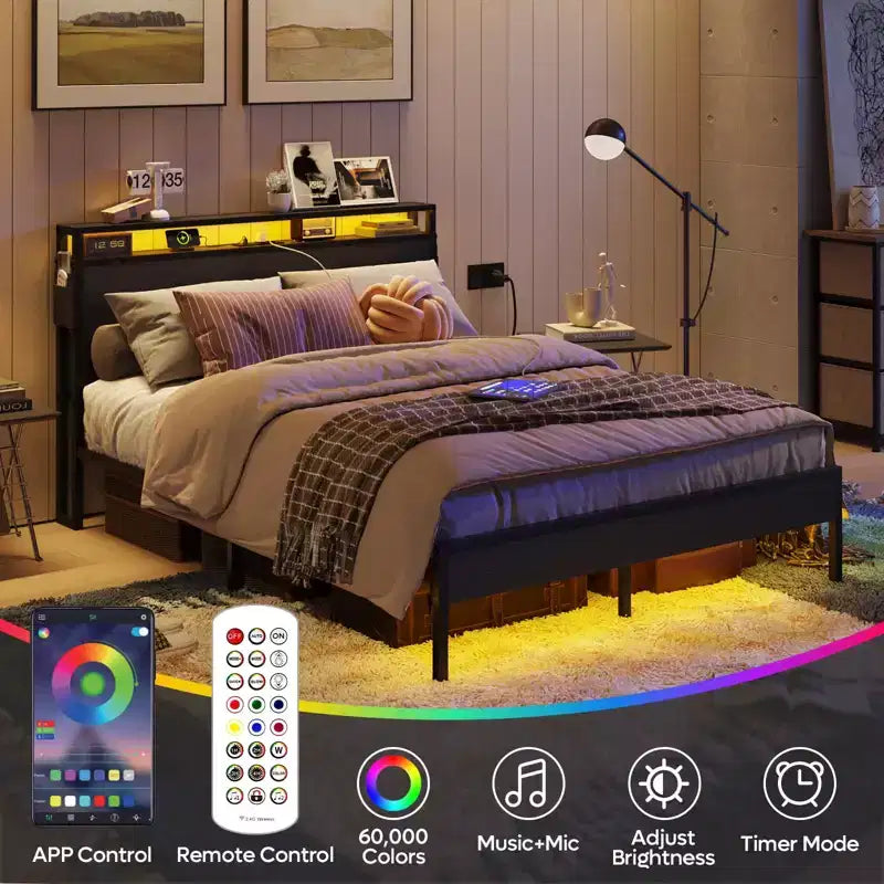 Cadre de lit Bestier Queen avec tête de lit, plateforme à deux lumières LED en métal avec station de recharge et rangement à 2 niveaux, antidérapant, sans bruit