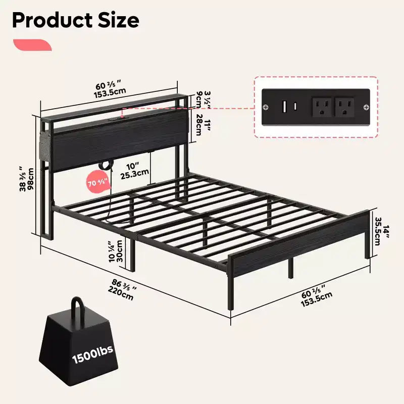 Cadre de lit Bestier Queen avec tête de lit, plateforme à deux lumières LED en métal avec station de recharge et rangement à 2 niveaux, antidérapant, sans bruit