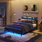 Cadre de lit Bestier Queen avec tête de lit, plateforme à deux lumières LED en métal avec station de recharge et rangement à 2 niveaux, antidérapant, sans bruit