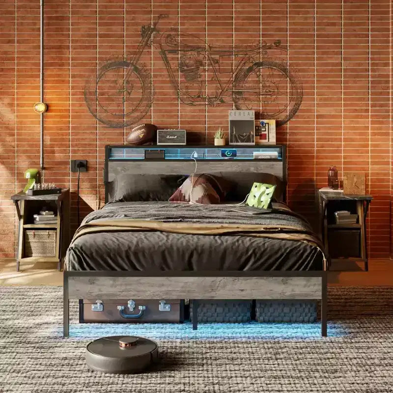 Cadre de lit Bestier Queen avec tête de lit, plateforme à deux lumières LED en métal avec station de recharge et rangement à 2 niveaux, antidérapant, sans bruit
