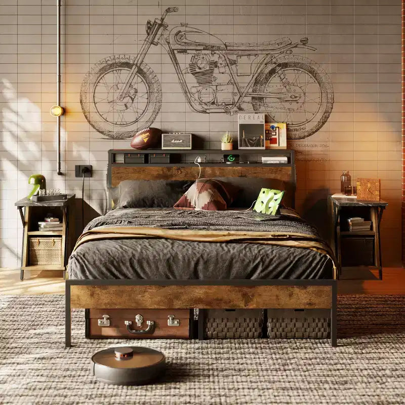 Cadre de lit Bestier Queen avec tête de lit, plateforme à deux lumières LED en métal avec station de recharge et rangement à 2 niveaux, antidérapant, sans bruit