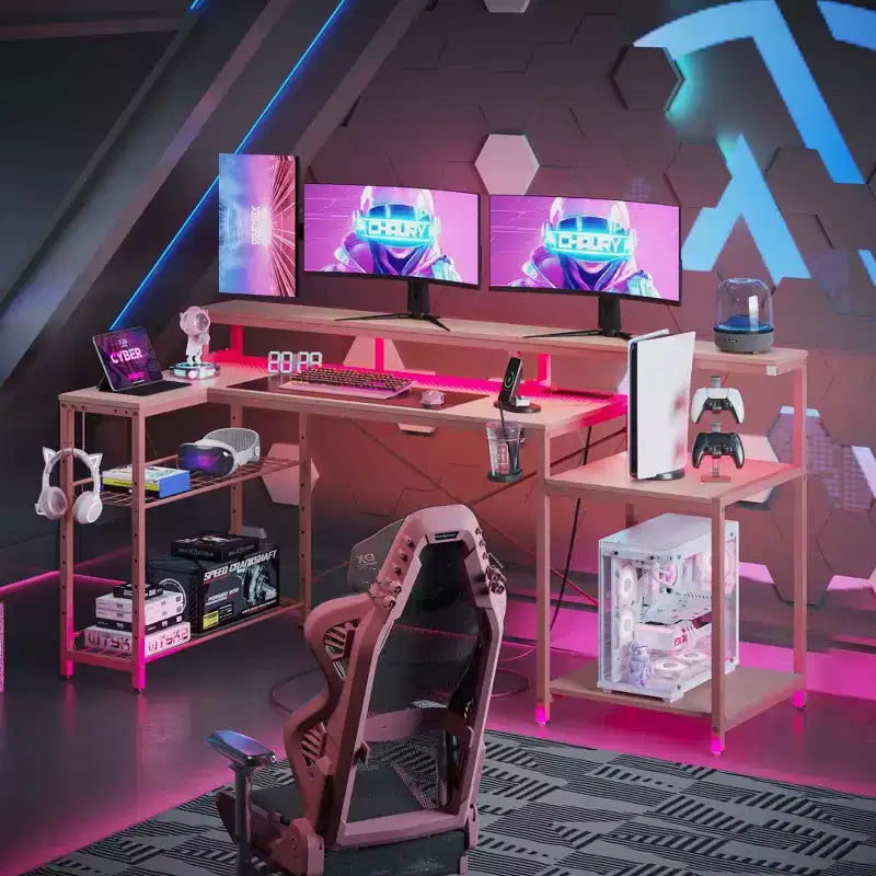 Bestier 71,5 LED Bureau Gaming avec Prise de Courant, Bureau d'Angle en Forme de L avec Support Moniteur